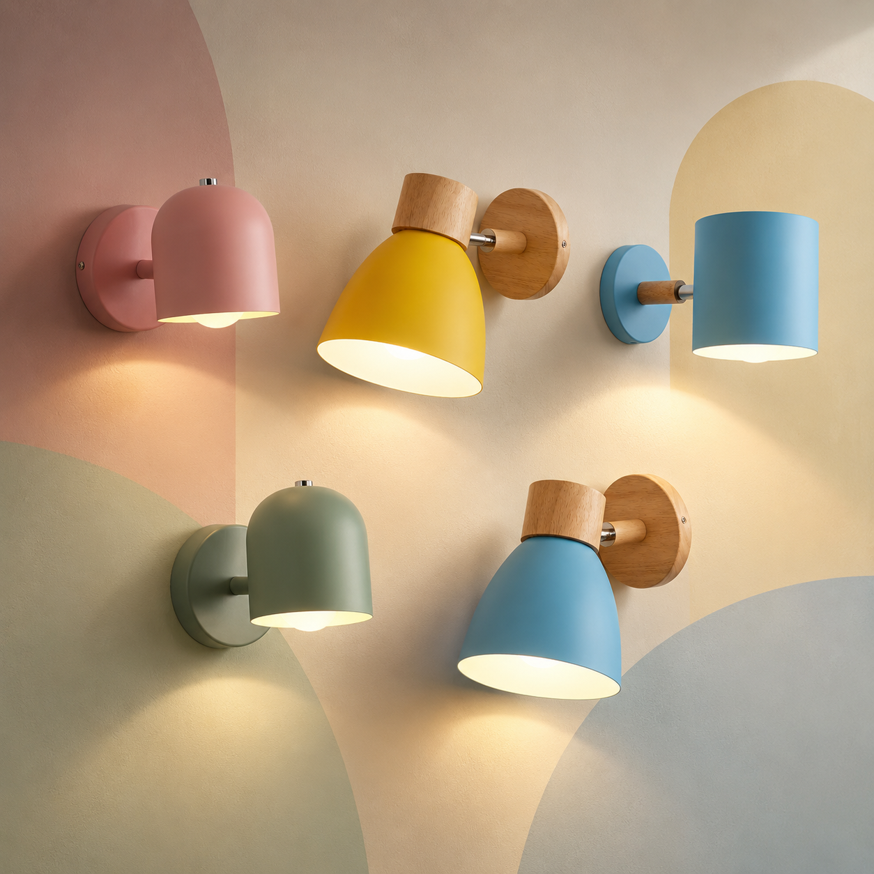 Five lit macaron bedside wall sconces in bell dome and cylinder shapes on a pastel color-block wall