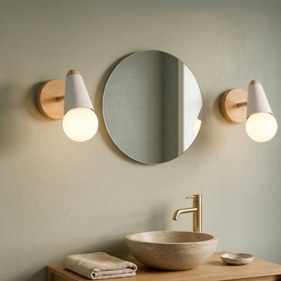 Two white globe vanity sconces with wood backplates flanking a round bathroom mirror