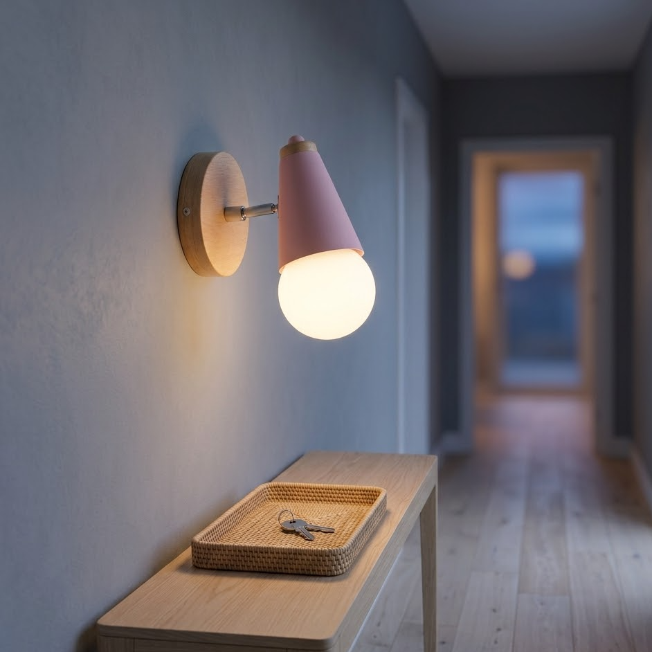 Pink globe wall sconce lit above an oak console table in a hallway at dusk