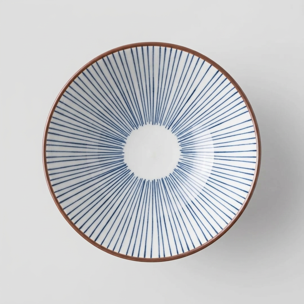 A ceramic bowl with a blue and white striped pattern and a brown rim, resting on a wooden cutting board against a light blue background.