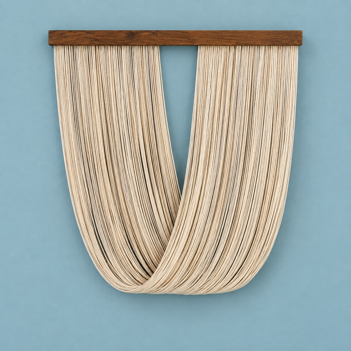 A wall-mounted decorative piece featuring a dark brown wooden bar at the top from which multiple vertical strands of light natural fiber hang in a U-shaped arrangement, set against a solid light blue background.
