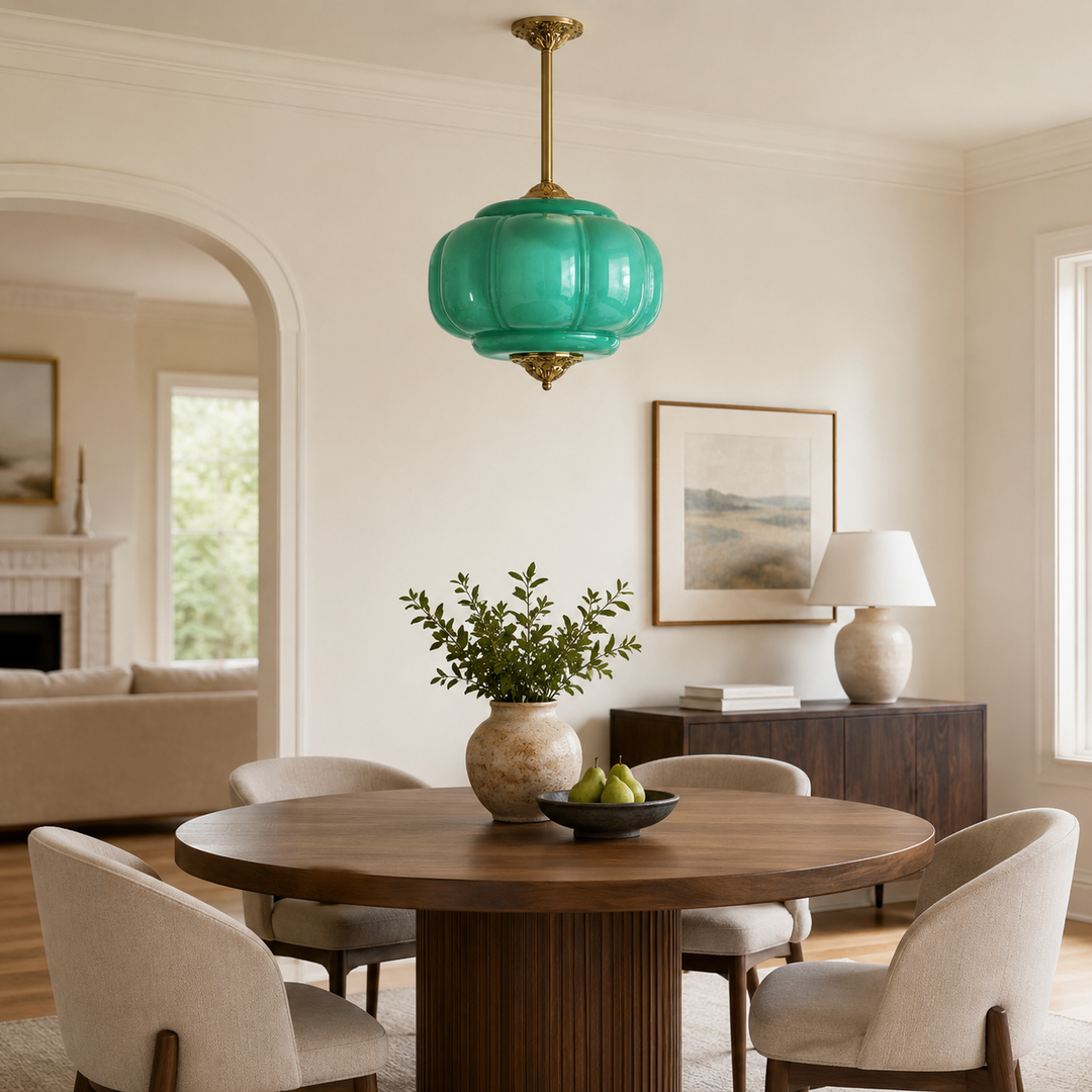 Dining room with a wooden table, chairs, and a green pendant light.