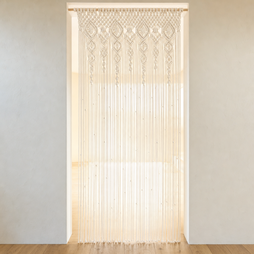 Macrame Door Curtain, 90 x 180 cm or 100 x 200 cm hung in a doorway, floor to lintel