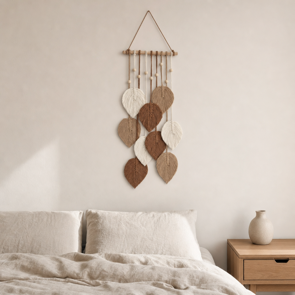 Macrame Leaf Wall Hanging, 25 x 60 cm, 2 Colors hung on the wall above a bed