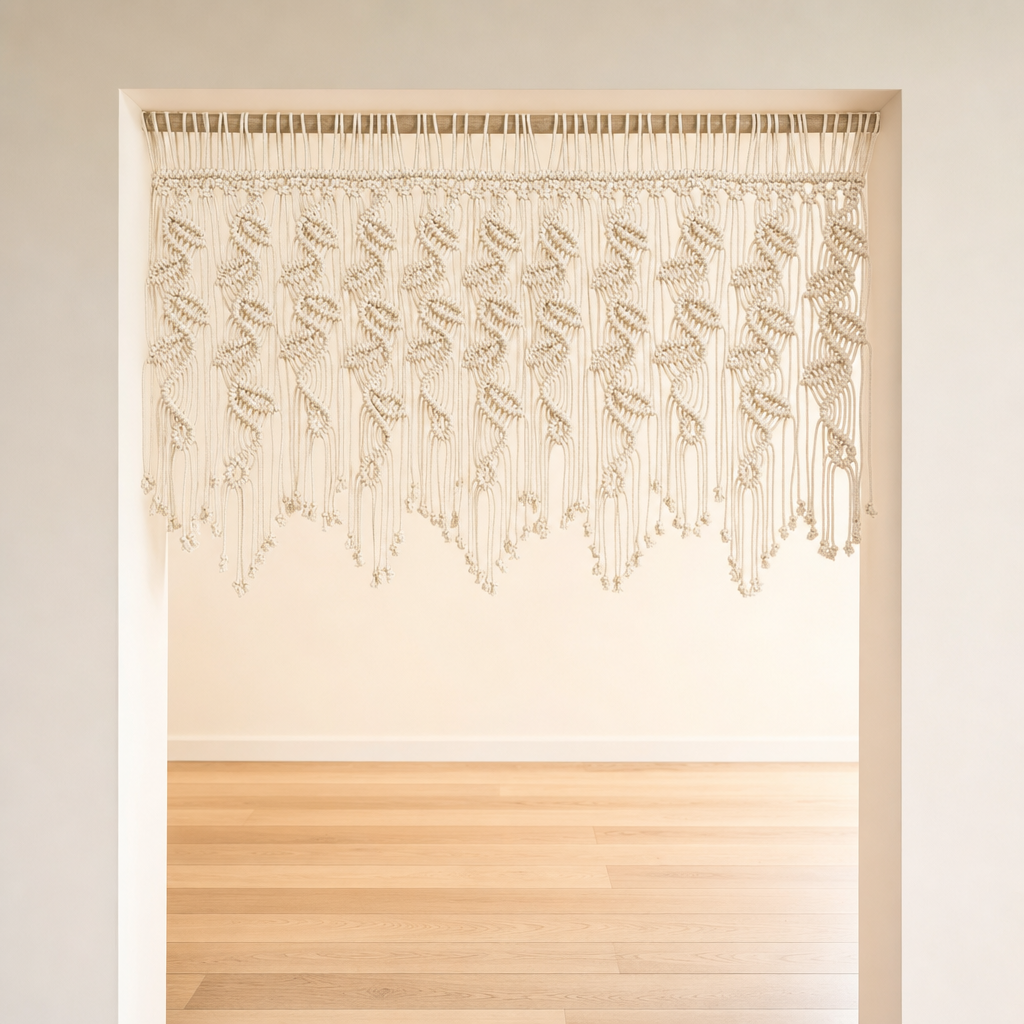 Macrame Leaf Valance, 110 x 55 cm, With or Without Rod hung in a doorway, floor to lintel