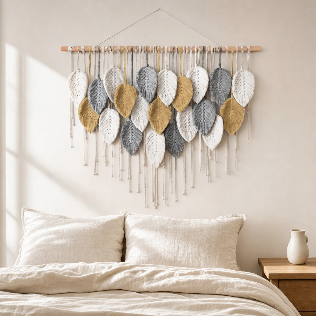 Macrame Leaf Wall Hanging, 10, 15 or 21 Leaves hung on the wall above a bed