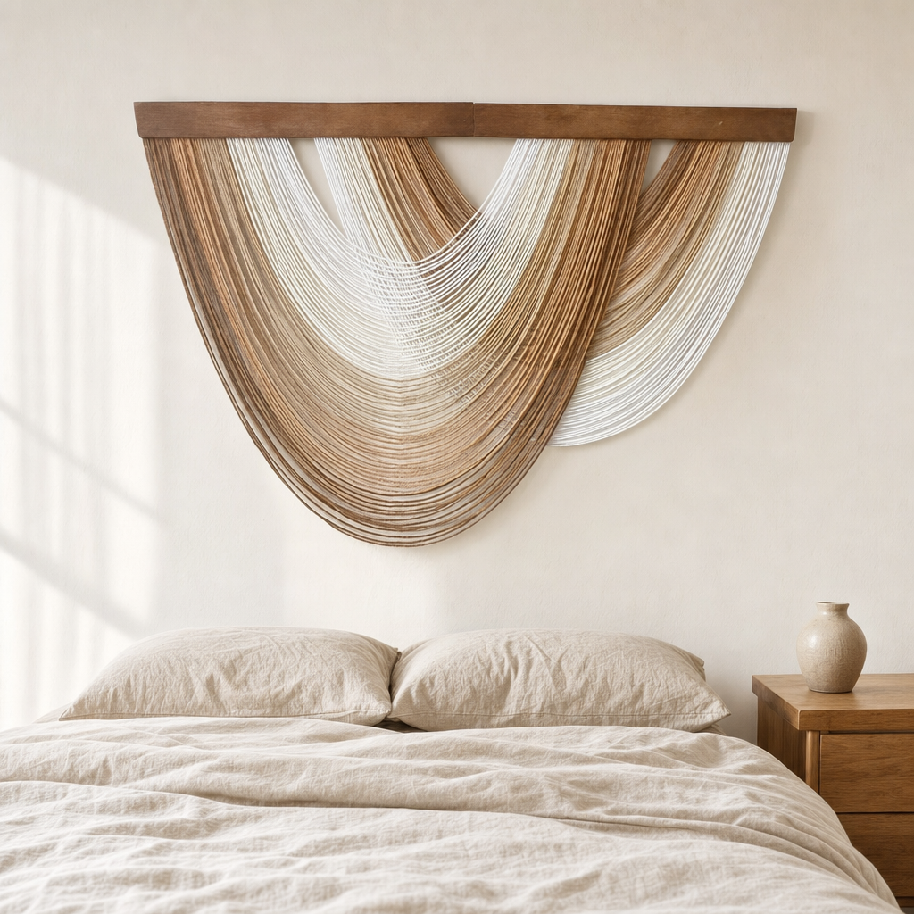 Gradient Wall Hanging, 100 x 70 cm Curved Board hung on the wall above a bed
