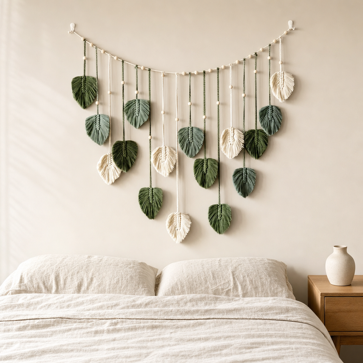 A bohemian-style macrame leaf wall hanging in shades of green and cream, suspended above a bed in a softly lit bedroom.