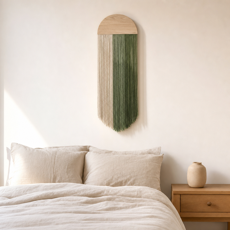 Arched Board Cord Hanging, 30 x 85 cm, 3 Colors hung on the wall above a bed