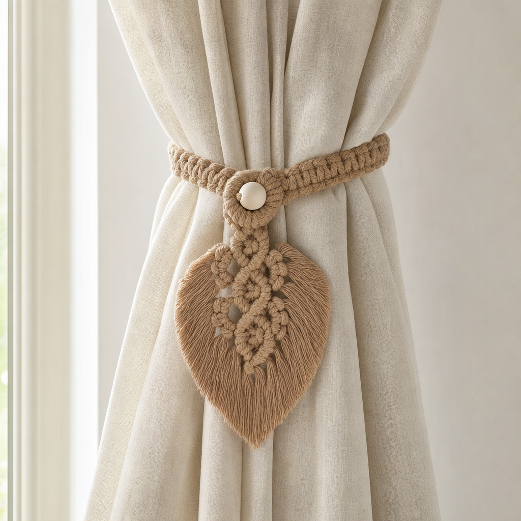 Macrame Leaf Curtain Tieback, 40 x 13 cm, 4 Colors wrapped around a gathered curtain panel at a window, holding it back