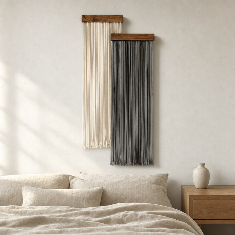 Dip Dyed Wall Hanging, Set of 2 Staggered Panels hung on the wall above a bed