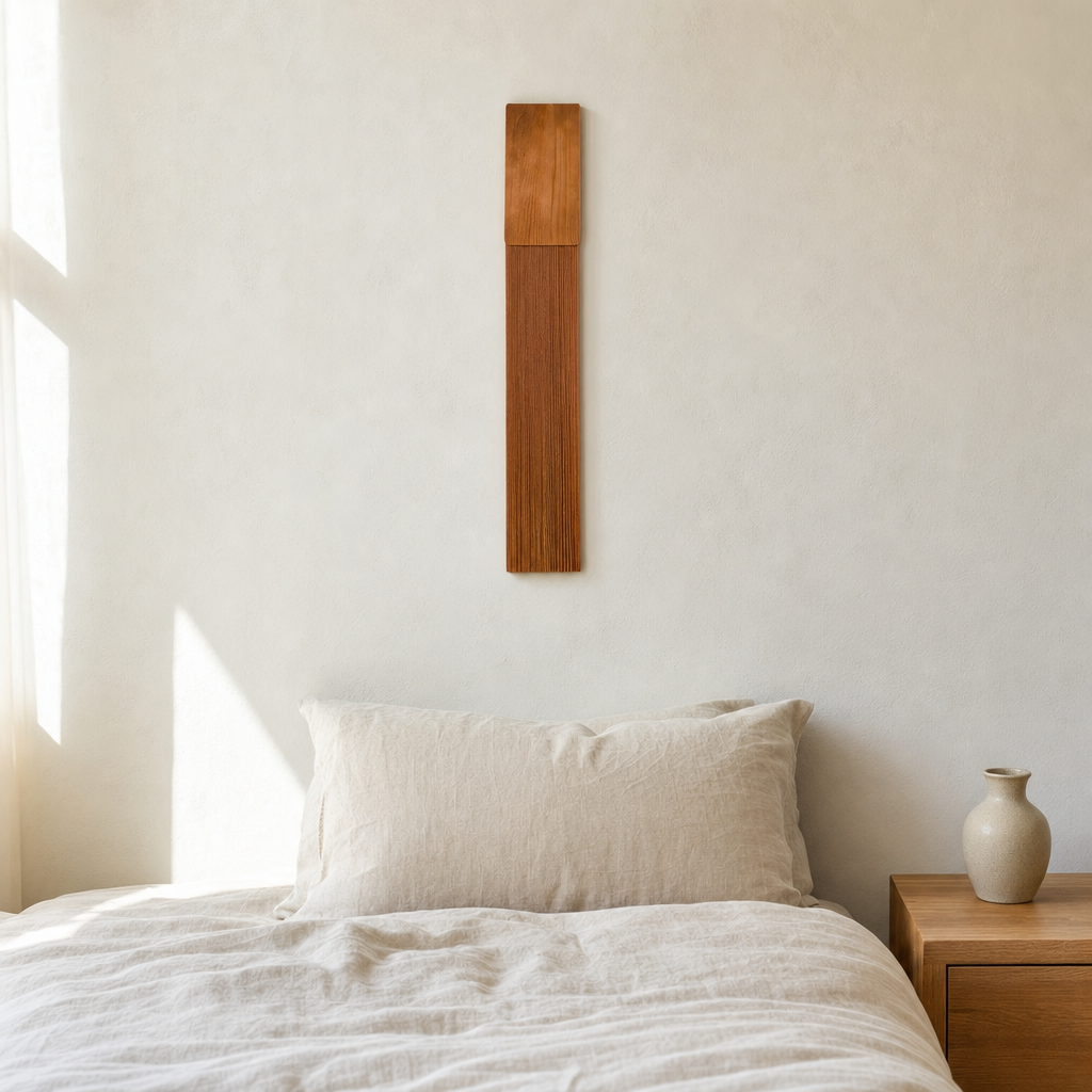 Wood Top Cord Panel, 15 x 100 cm, 5 Colors hung on the wall above a bed