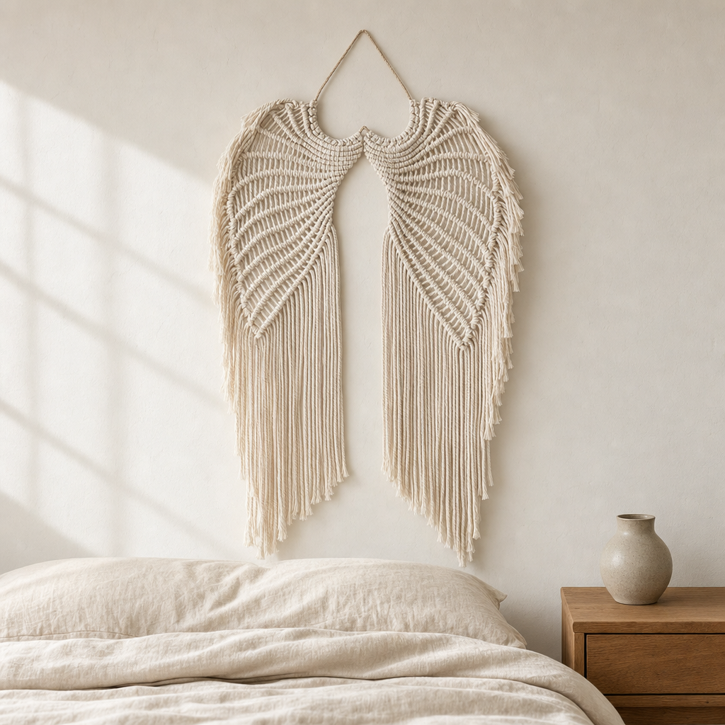 Macrame Angel Wings Wall Hanging, 68 x 44 cm hung on the wall above a bed