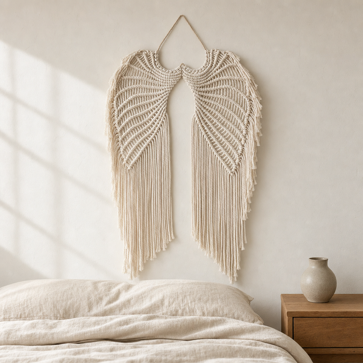 Cream macrame angel wings wall hanging suspended above a bed in a softly lit bedroom with a small ceramic vase on a wooden nightstand.