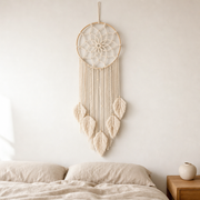 Macrame Dream Catcher Wall Hanging, 3 or 5 Leaf Tassels hung on the wall above a bed