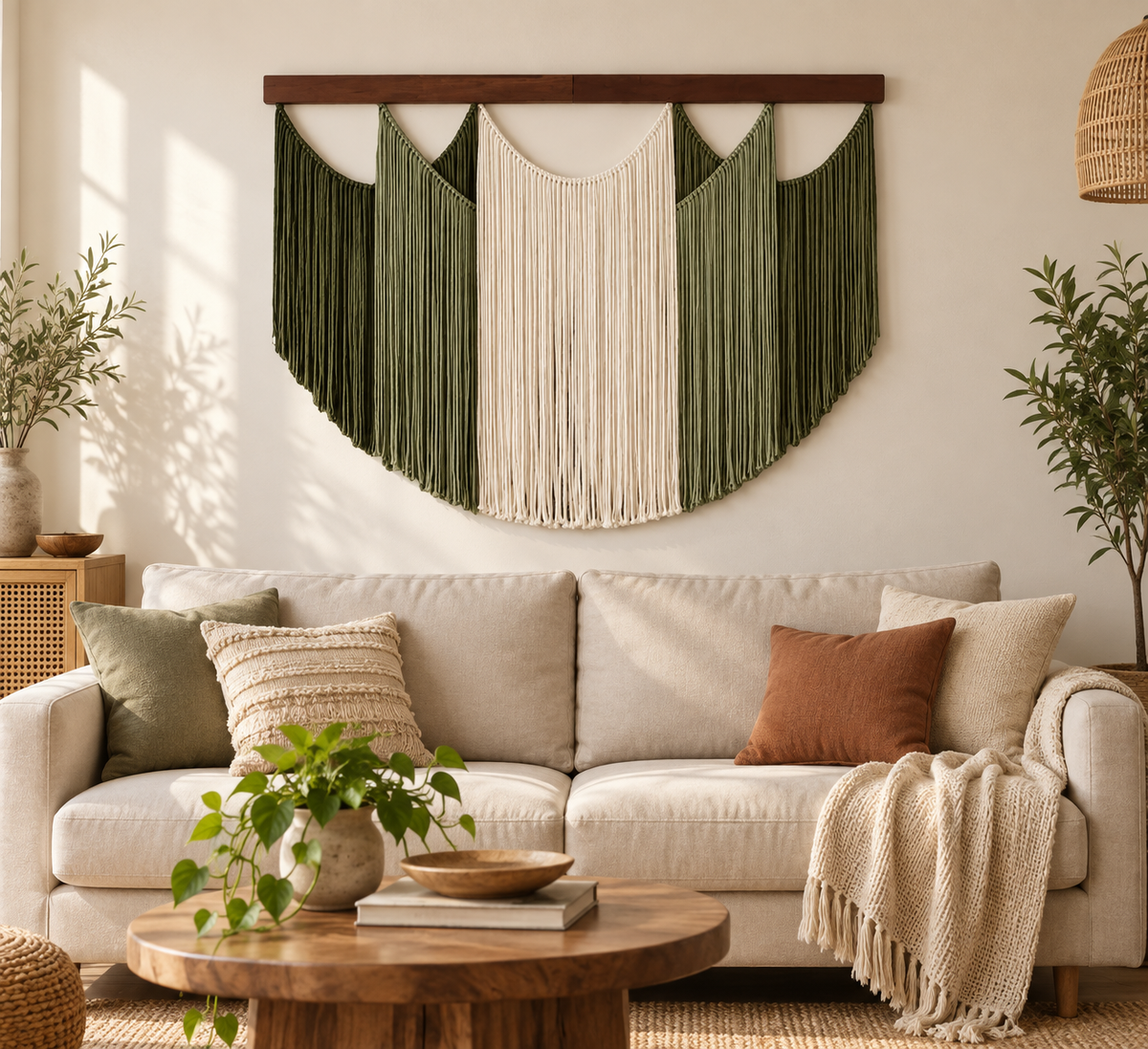 Living room above a sofa, 5 swag shapes across 16 colorways, fine twisted cord, pale wooden beads on the B series