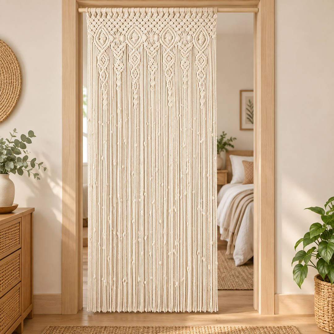 Hung in an interior doorway to a bedroom, macrame door panel in 6 sizes