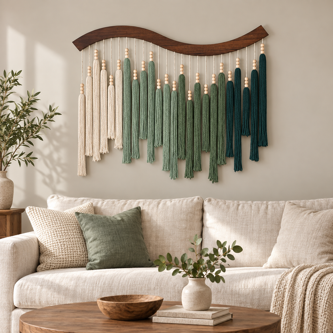 Living room above a sofa, beaded tassel wave pole, dark stained wave-cut wood pole, twisted cord tassels