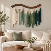 Living room above a sofa, beaded tassel wave pole, dark stained wave-cut wood pole, twisted cord tassels