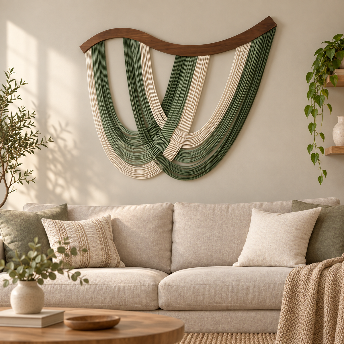 Living room above a sofa, wave cut wood arch with crossed green swags