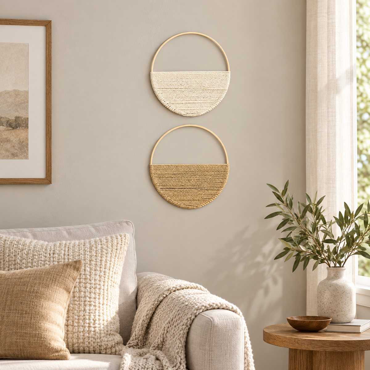 Living room beside an armchair, set of 2 woven half moon hoops, 19 cm