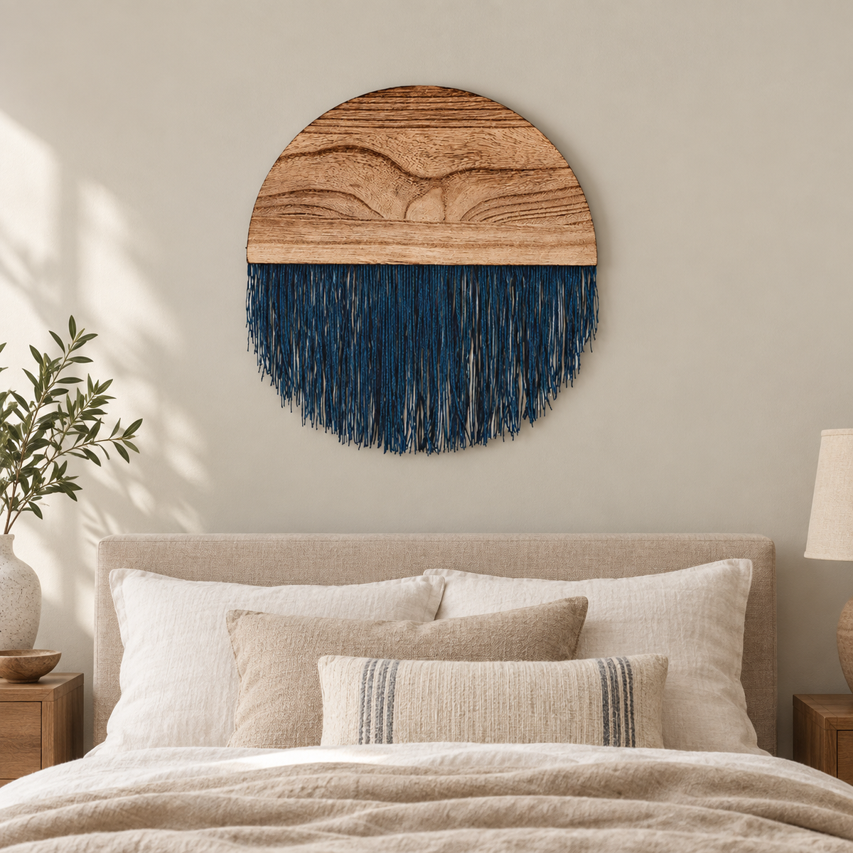 Round wood and fringe wall decor centered above a made double bed