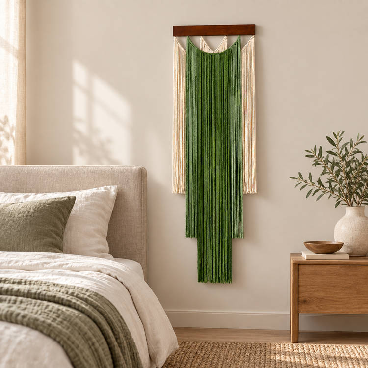 Stepped fringe wall hanging beside a bed and a wooden bedside table