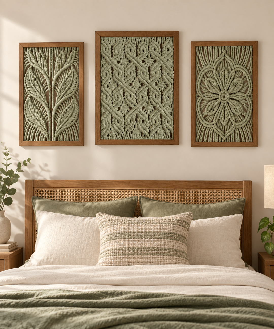 Style-09 dark green, macrame panel in 13 knot styles, twisted cord, stained wood frame
