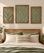 Style-09 dark green, macrame panel in 13 knot styles, twisted cord, stained wood frame