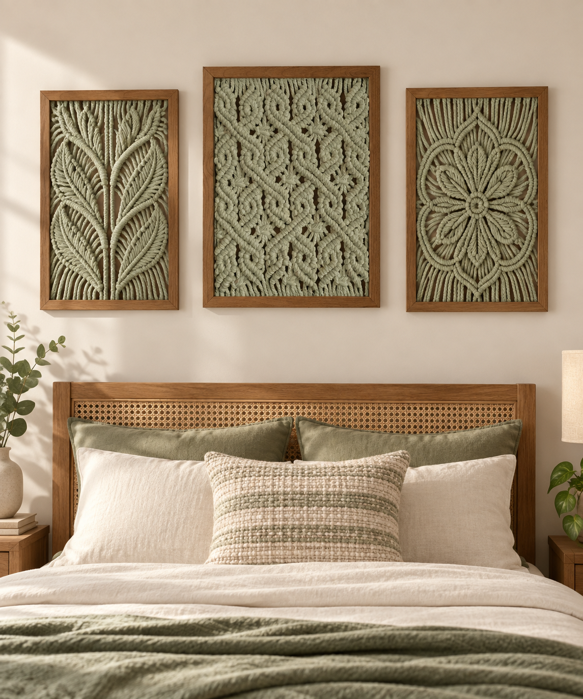 Style-09 dark green, macrame panel in 13 knot styles, twisted cord, stained wood frame