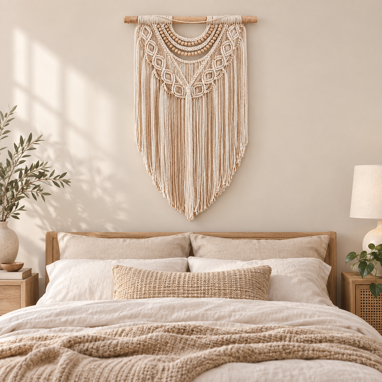 Beaded macrame wall hanging centered above a wooden headboard in a bedroom