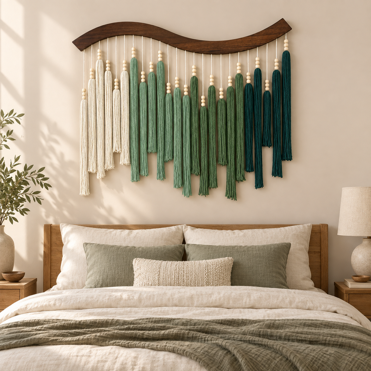 Wave batten tassel wall hanging above a headboard with green bedding