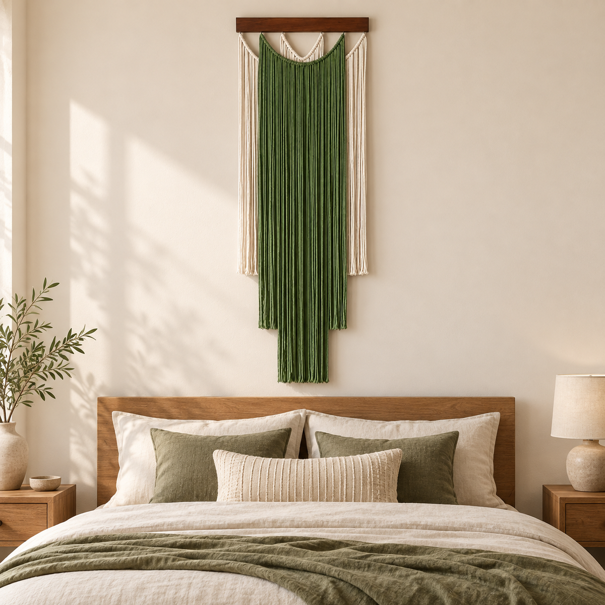 Layered green fringe wall hanging above a wooden headboard in a bedroom