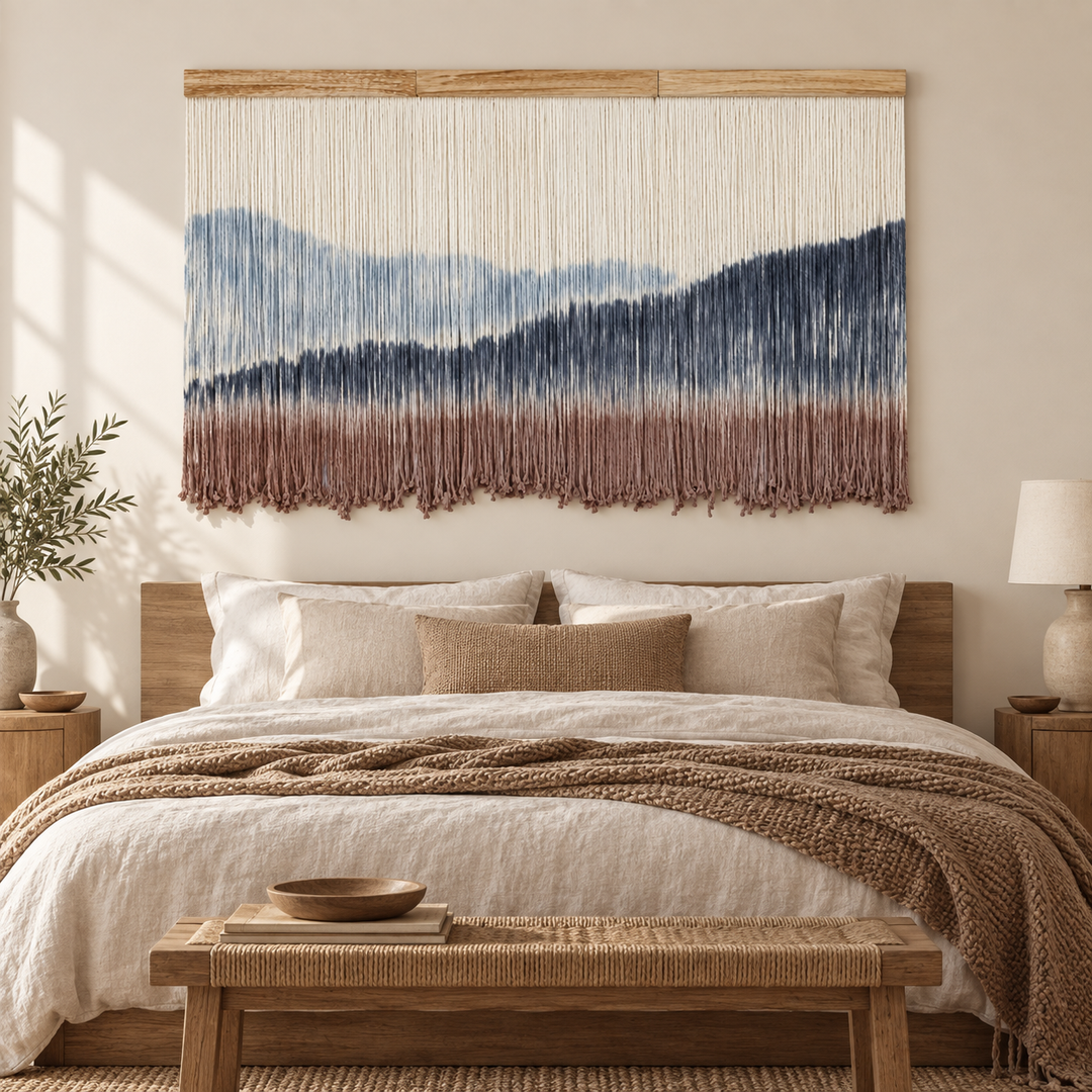 Wide dip dye mountain wall hanging centered above a bed with a wooden bench