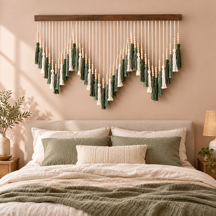 Wide beaded tassel wall hanging above a headboard with green bedding