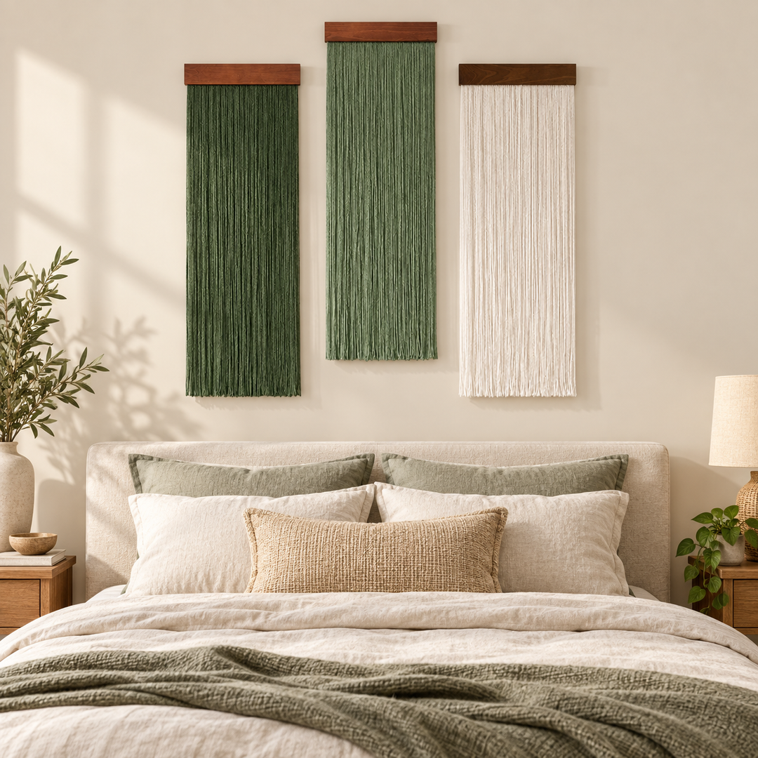 Three staggered fringe panels above a headboard with green bedding