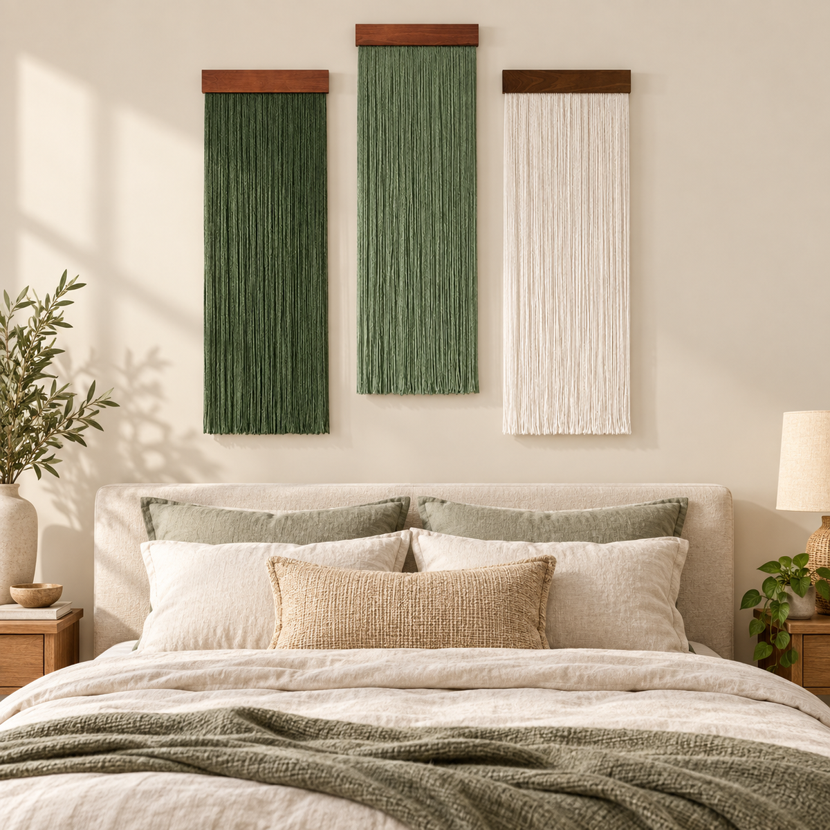 Three staggered fringe panels above a headboard with green bedding