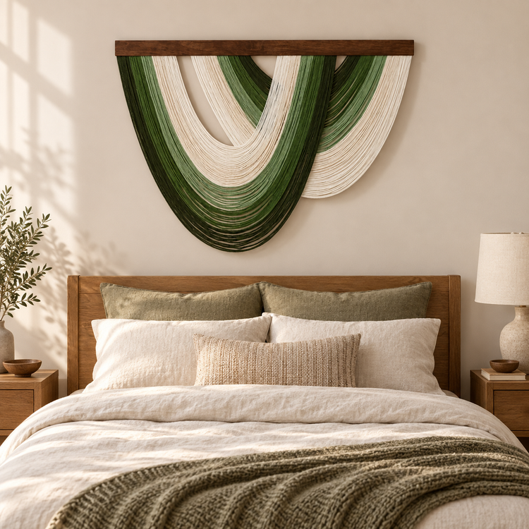 Green open fan wall hanging centered above a wooden bed headboard