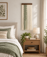 A vertical woven wall hanging with cream fringe and a green textured center panel, displayed above a wooden nightstand in a softly lit bedroom.