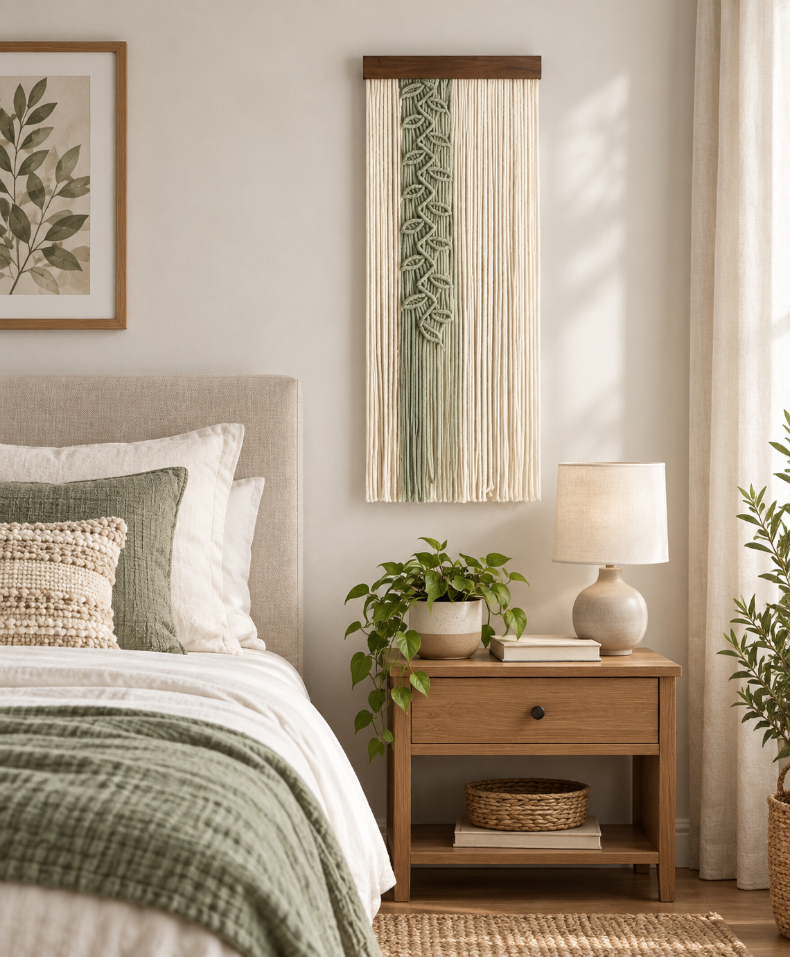 Bedroom beside a nightstand, sage leaf vine panel, twisted cord, dark stained wood batten