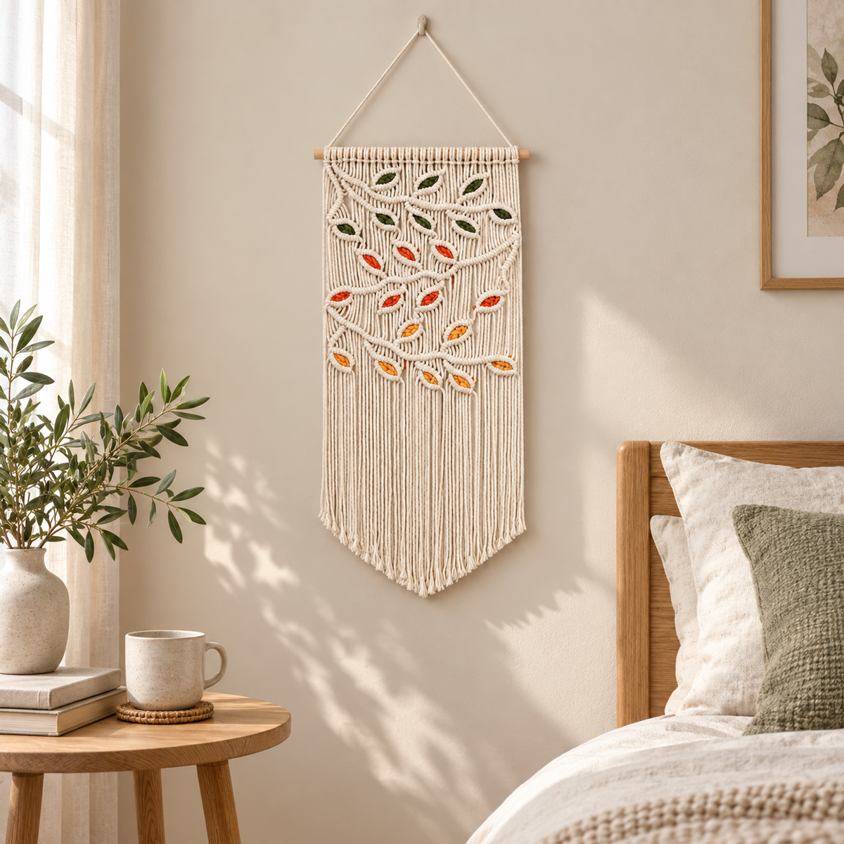 Leaf pennant wall hanging beside a bed and bedside table in a bedroom