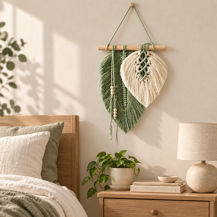 Small macrame leaf hanging on a bedroom side wall beside a bed and plant