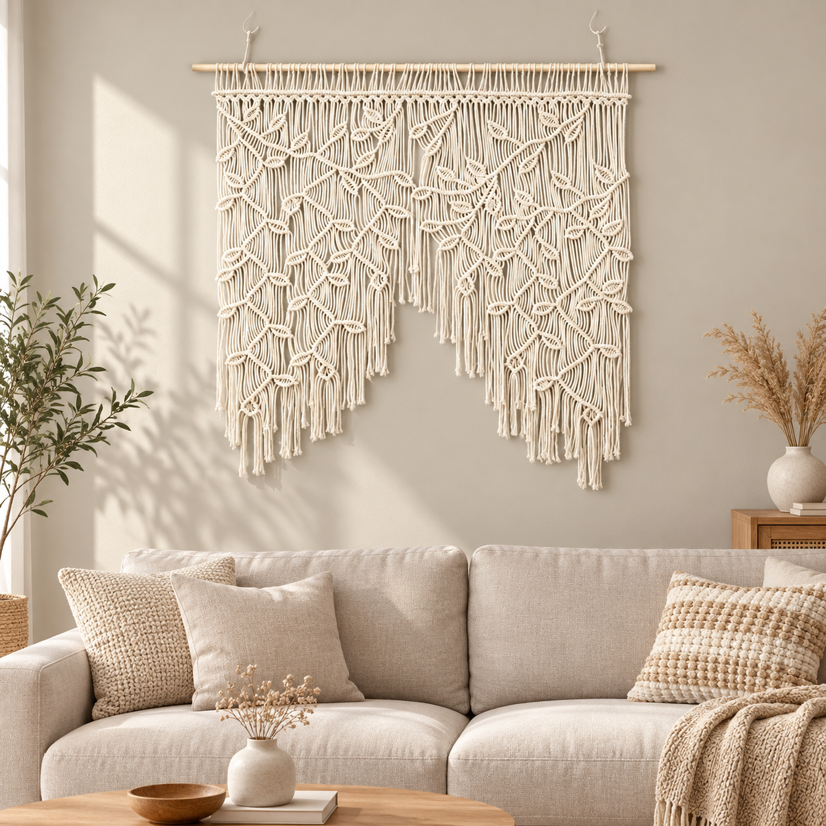 Living room above a sofa, knotted leaf panel, twisted cord, pale wooden dowel