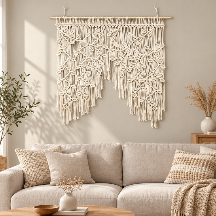 Living room above a sofa, knotted leaf panel, twisted cord, pale wooden dowel