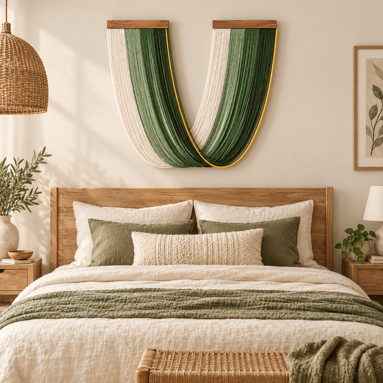 Green U swag wall hanging centered above a bed in a boho bedroom