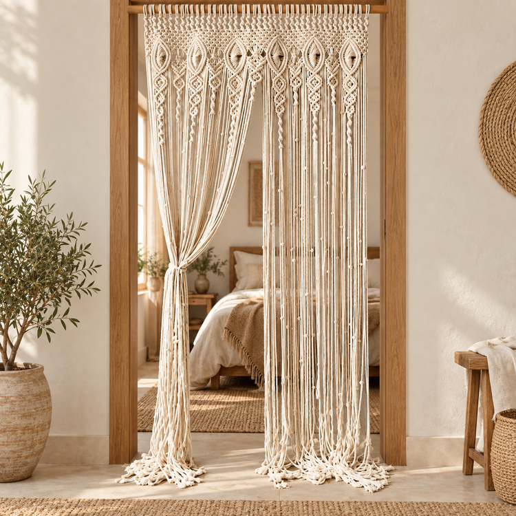 Cream macrame curtain hung in a wooden bedroom doorway with a bed beyond