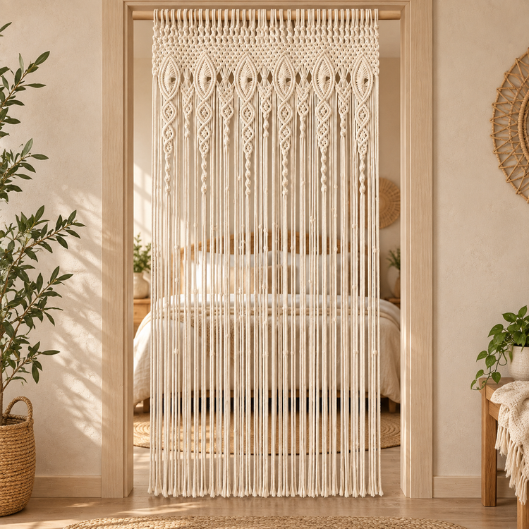 Macrame door curtain hung in a wooden bedroom door frame with a bed beyond