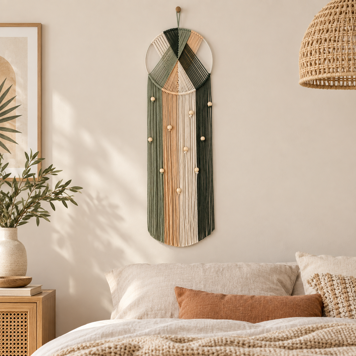 Boho bedroom above a nightstand, fanned hoop with fringe, twisted cord, cord-wrapped ring