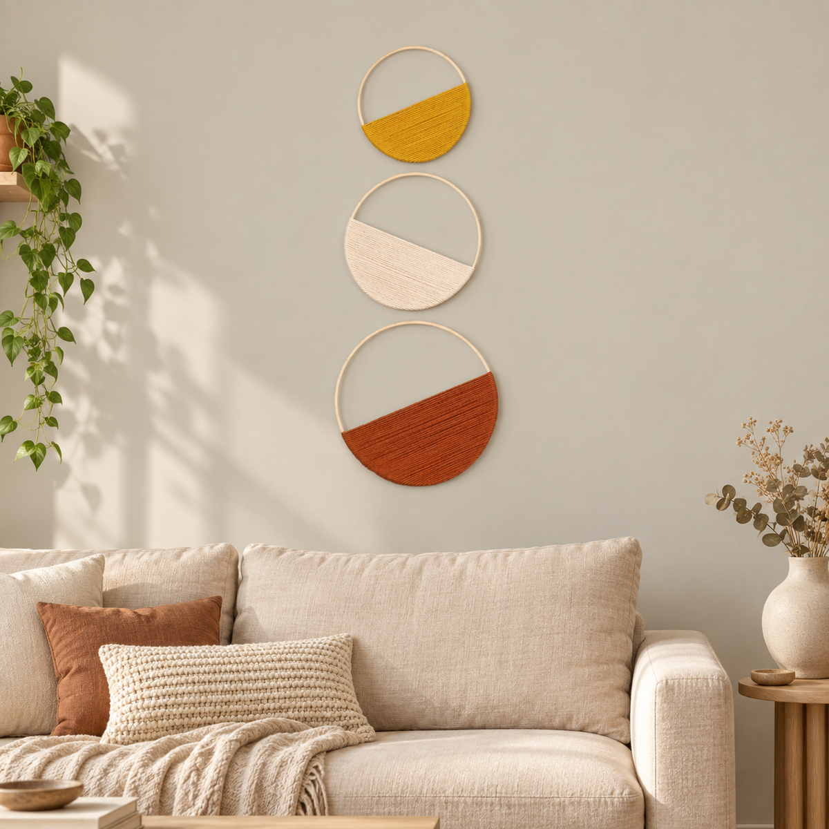 Woven wall art set of 3 hung above a cream sofa beside a trailing pothos plant