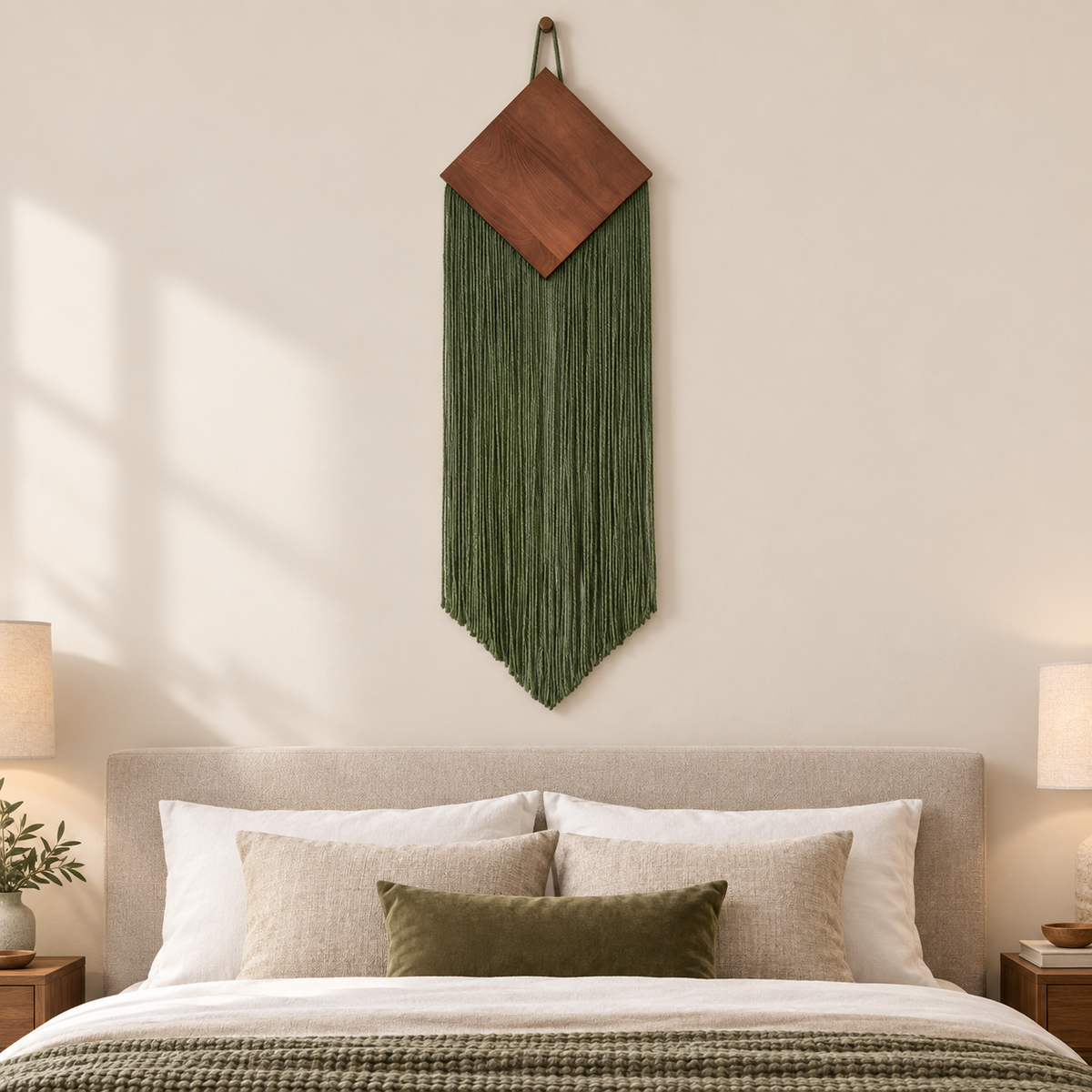 Boutique hotel bedroom above a bed, wood diamond over a narrow chevron fringe